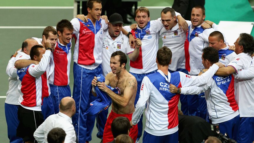 Time to celebrate ... Radek Stepanek leads the Czech celebrations.