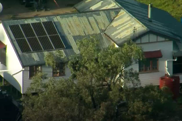 An aerial shot of a typical Queensland rural weatherboard house