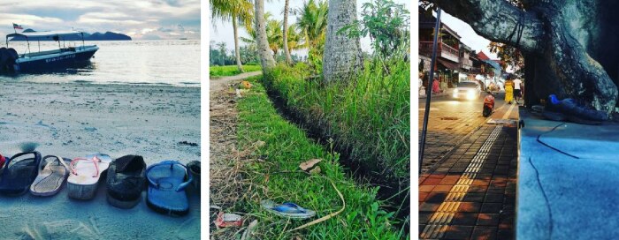 Collage of three pictures showing odd shoes in different locations.