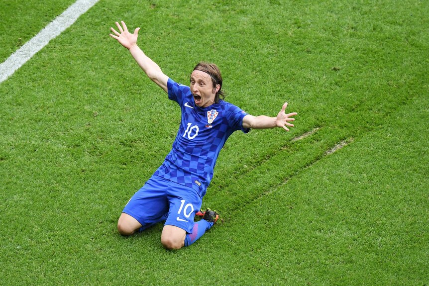 Luka Modric celebrates goal against Turkey