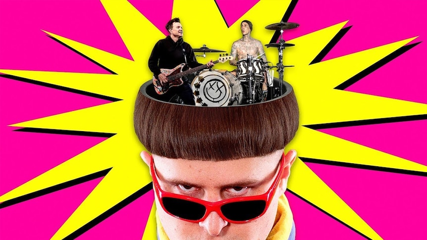 Oliver Tree with Blink-182's Mark Hoppus and Travis Barker exploding out of his head