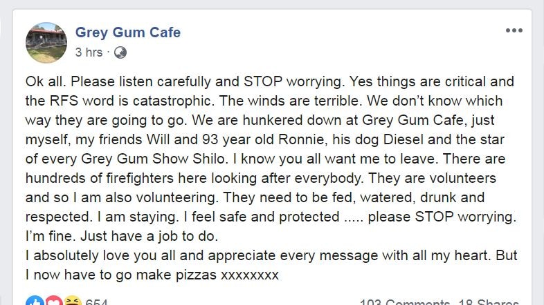 Snip of a Facebook post by Grey Gum International Cafe owner Kim Grace