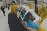 A mock Ebola patient in an isolation unit is transferred from a plane at Brisbane Airport.