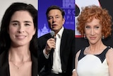 Composite image of Sarah Silverman, Elon Musk and Kathy Griffin