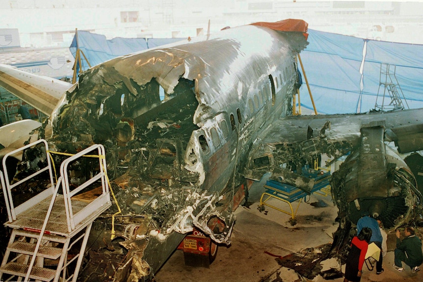 A burned out fuselage 