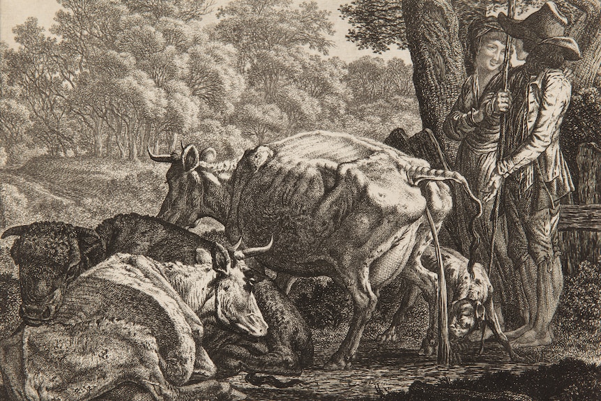 An old colonial painting of a man and a woman tending to cattle