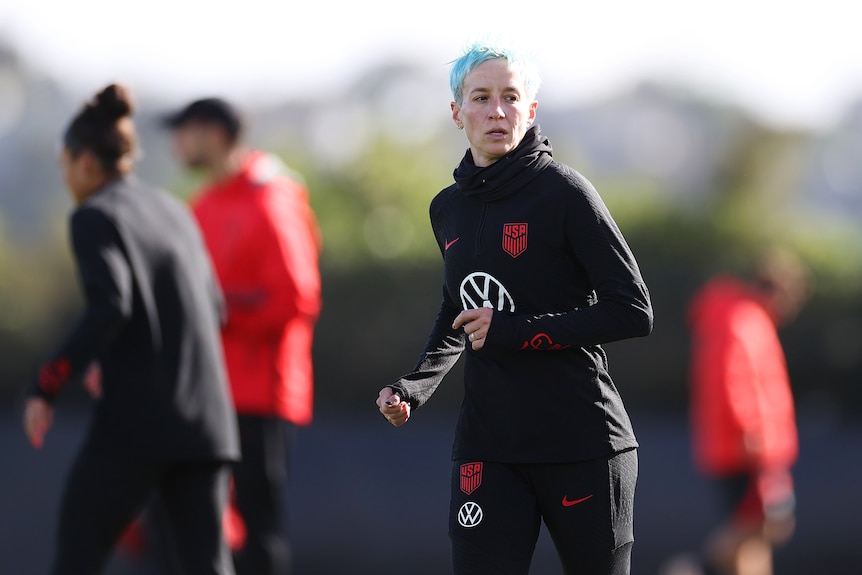A US female football player at a training session in New Zealand ahead of the 2023 World Cup.