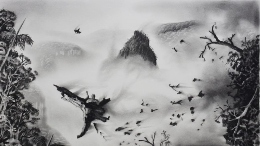 charcoal drawing of a rainforest landscape with fire