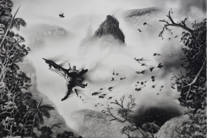 charcoal drawing of a rainforest landscape with fire