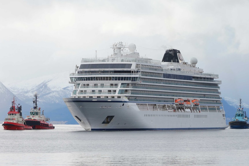 The cruise ship Viking Sky arrives at port off Molde, Norway.