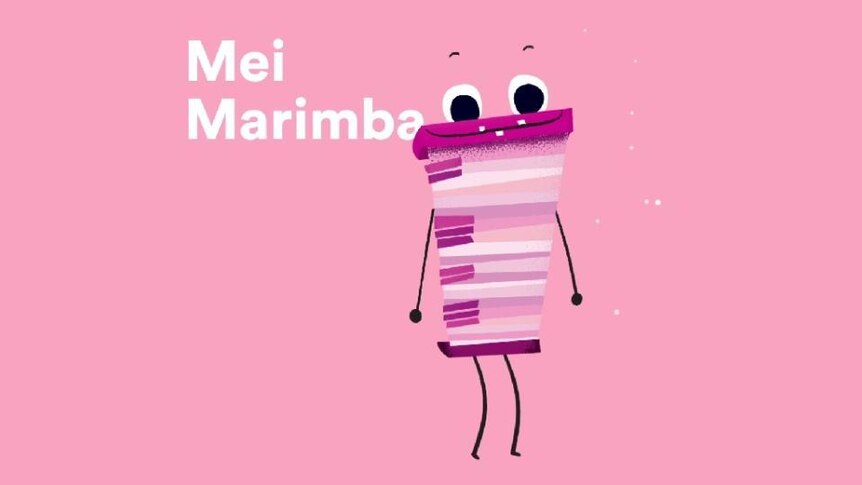 Cartoon marimba  with arms and legs, text reads "Mei Marimba"