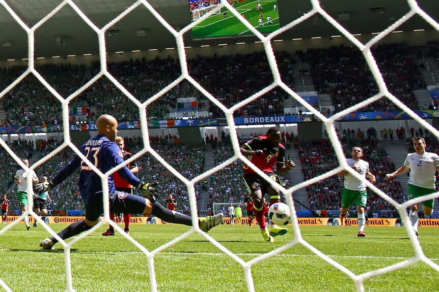Romelu Lukaku of Belgium scores his team's third goal