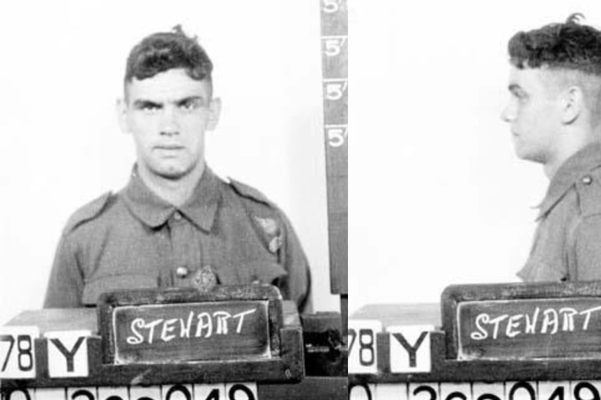 Two black and white photos of Harold James Stewart with his service number