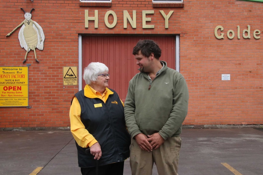 Shirley Stephens and her grandson Josh Stephens outside R Stephens Honey in Mole Creek in Tasmania in March 2019.