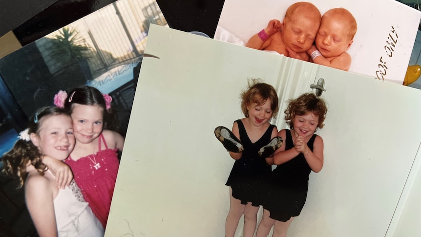 Old family photos show two identical twin sisters, Piper and Gabrielle, smiling. 