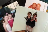 Old family photos show two identical twin sisters, Piper and Gabrielle, smiling. 