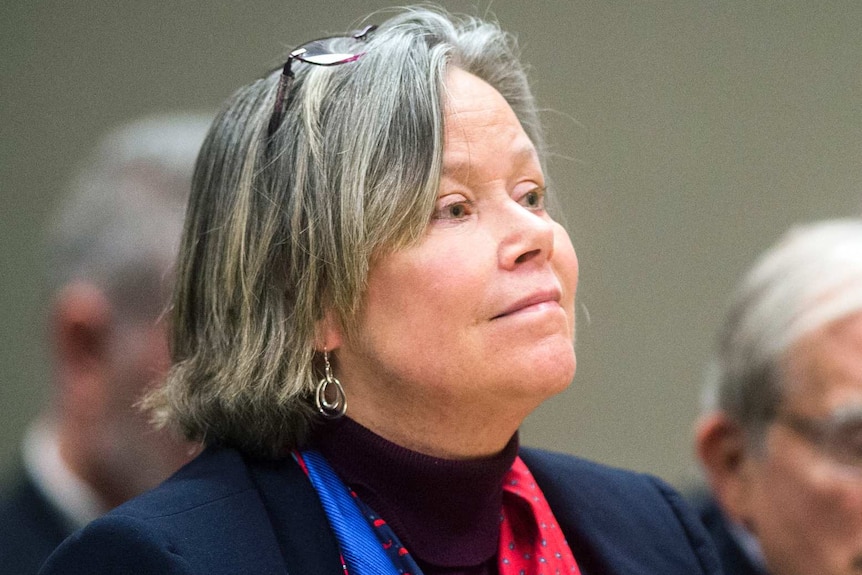 Former Michigan state medical executive Dr Eden Wells sits in court wearing a blue jacket and colourful scarves.