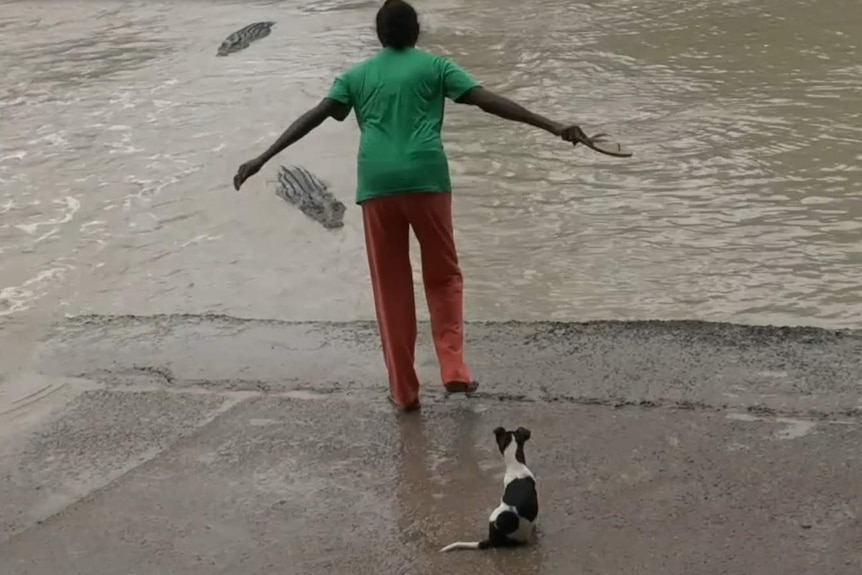 Woman shoos away croc with thong