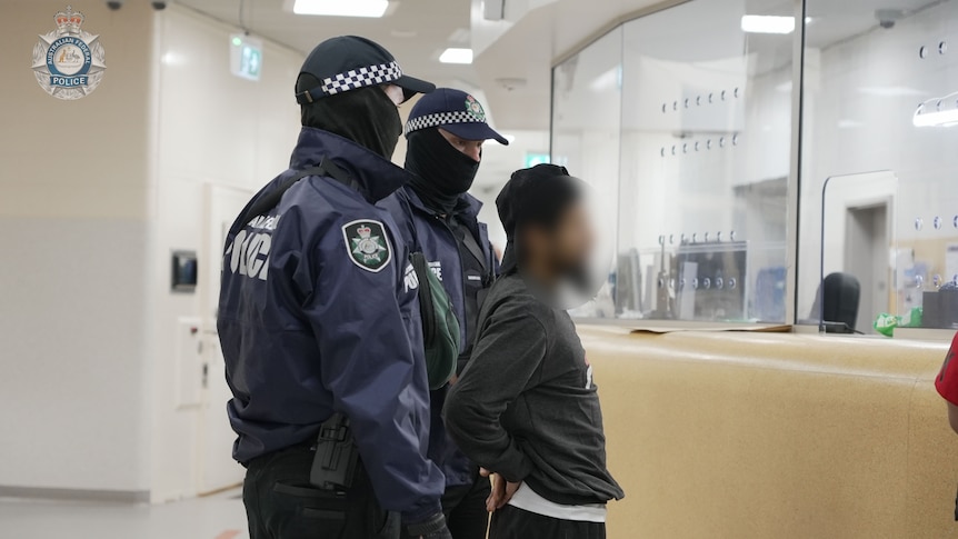 A man with his face blurred is escorted by federal police.