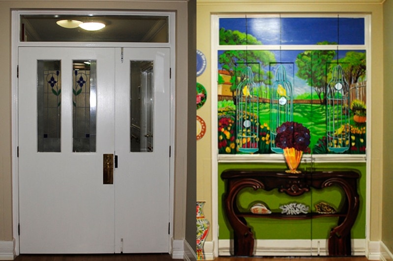 Two photos side by side. One shows a white door, the other shows the same door painted with a garden scene.