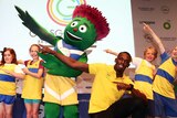 Usain Bolt in Glasgow with Clyde the Thistle