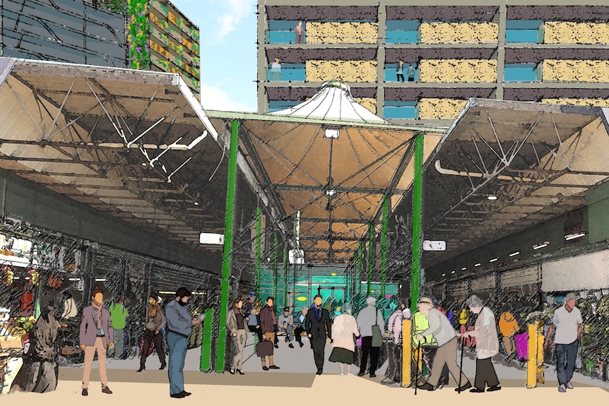 An artist's illustration shows people walking through the vegetable section of Preston Market, with apartment towers behind.