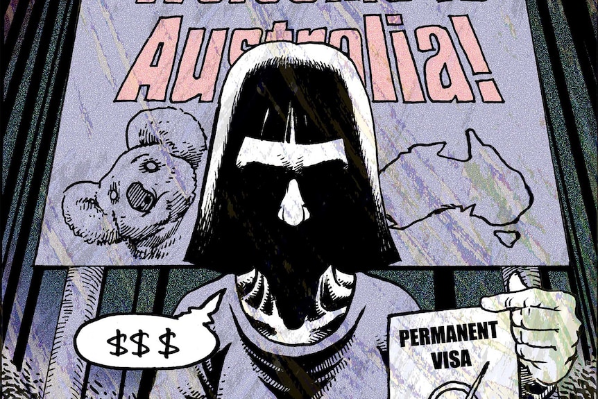 Illustration of a woman with black bob holding sign saying "permanent visa" in front of a sign saying Welcome to Australia