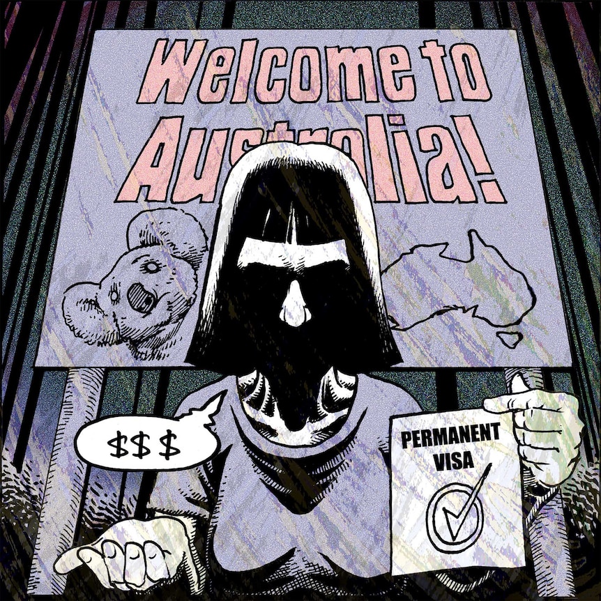 Illustration of a woman with black bob holding sign saying "permanent visa" in front of a sign saying Welcome to Australia