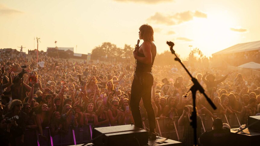 Lime Cordiale performing live at sundown to a packed festival crowd
