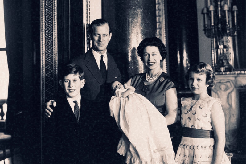 A family portrait of Prince Charles, Prince Philip, Queen Elizabeth II, Prince Andrew and Princess Anne.