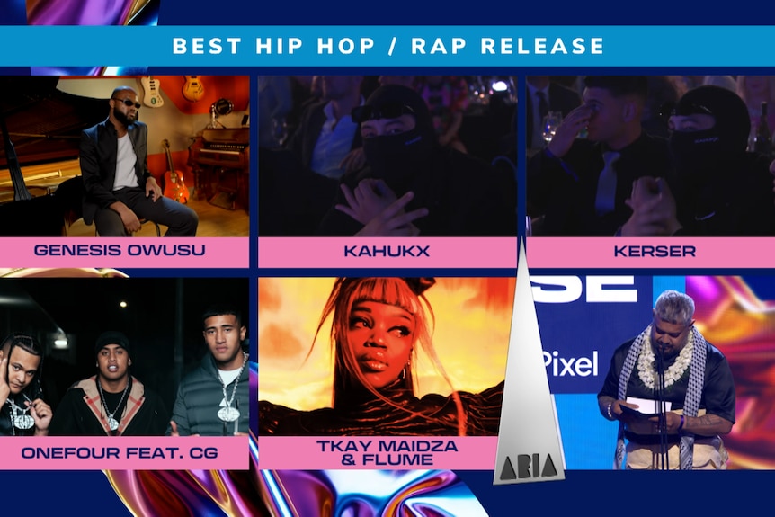 A screenshot of the Best Hip Hop/Rap ARIA nominees as it was broadcast