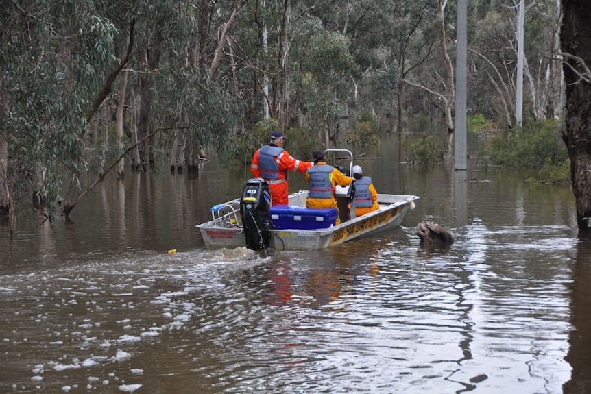SES volunteers on a boat in a river. 