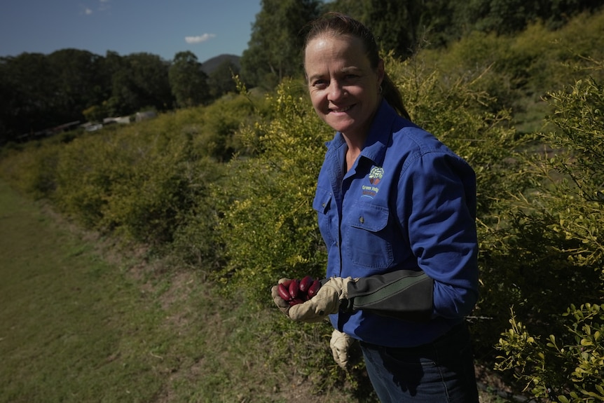 Photo of a woman in front of a finger lime tree.