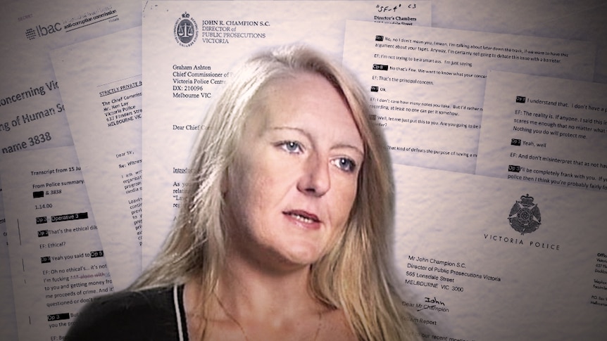 An image of former barrister and police informer Nicola Gobbo in front of an arrangement of documents.