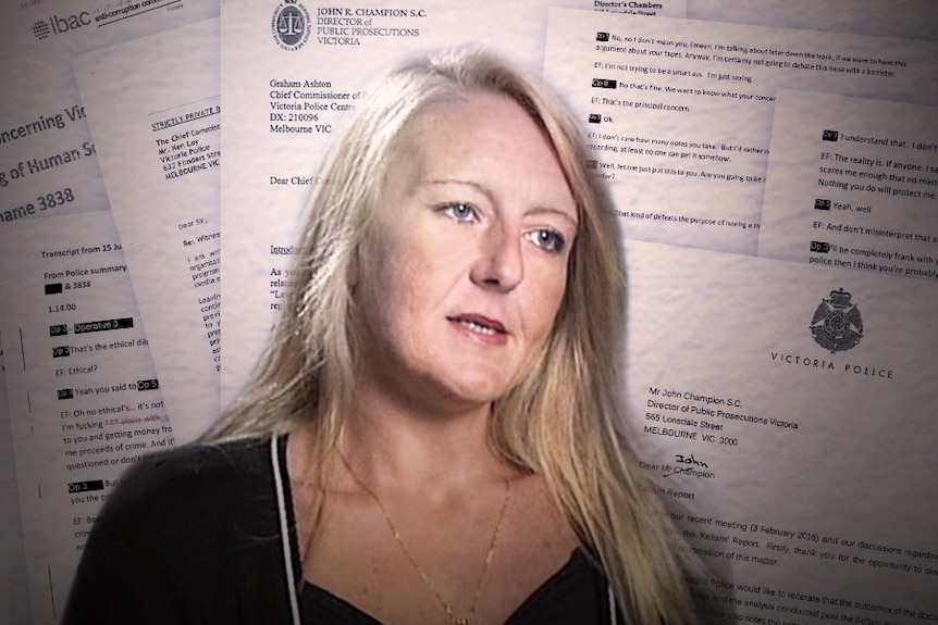 An image of former barrister and police informer Nicola Gobbo in front of an arrangement of documents.
