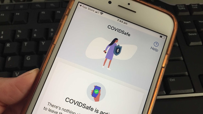 a phone with the COVIDSafe app open on it. Screen says COVIDSafe is active