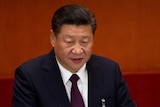 Chinese President Xi Jinping speaks into microphones at a podium.