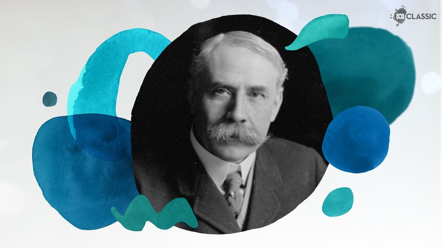 An image of composer Edward Elgar with stylised musical notation overlayed in tones of teal.