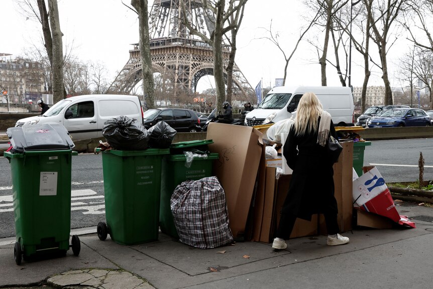 A line of rubbish and bins with the Eiffel tower in the background.