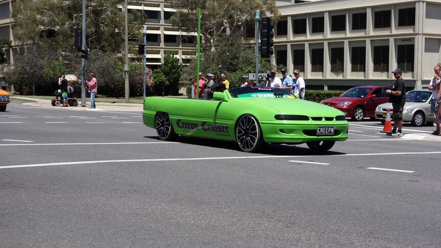 The green Creepn Cruiser taking part in the Summernats Citycruise in Canberra.