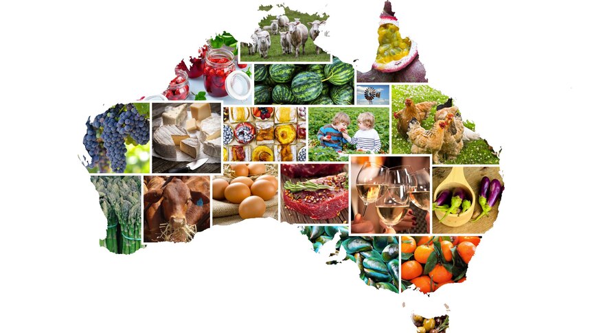 A map of Australia showing various types of food and produce