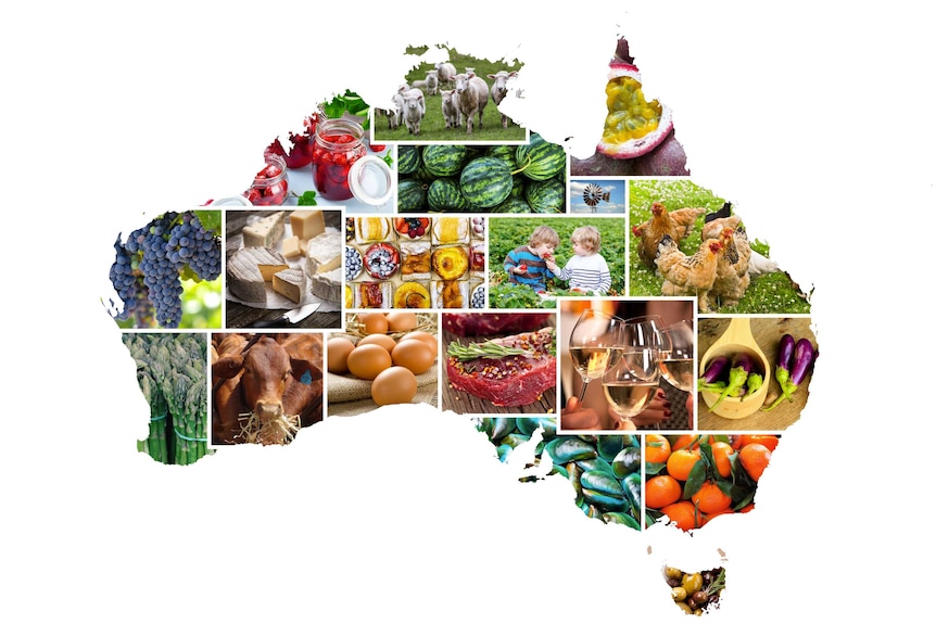A map of Australia showing various types of food and produce