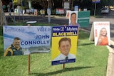Sunshine Coast electoral placards cover the kerb at the Division 4 pre-polling booth.