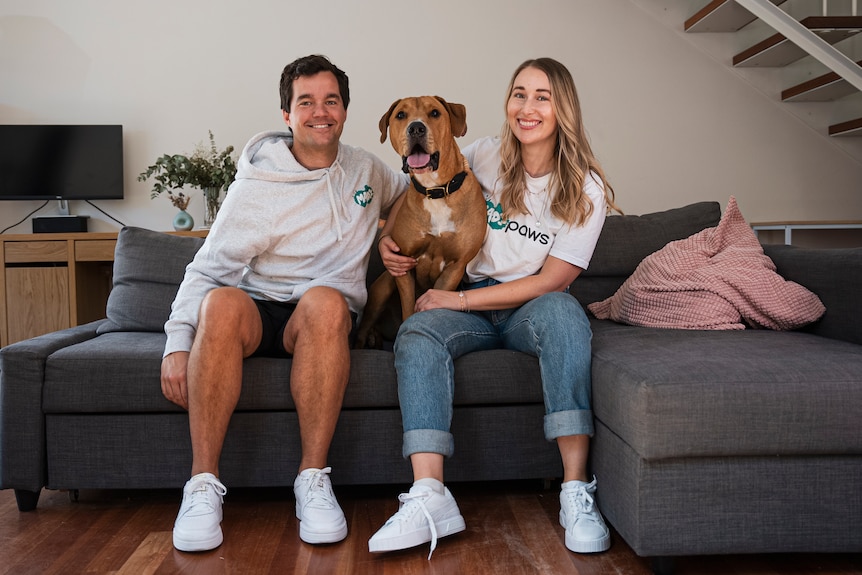 A man and a woman sit either side of a dog on a couch.