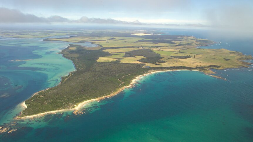 Aerial view of patchwork of farm land surrounded by coastline.