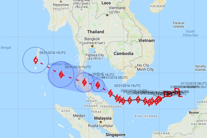 A Google map showing the projected path of Tropical Storm Pabuk over Thailand.
