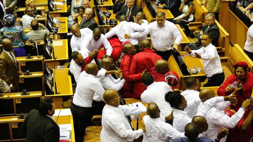 Group of people brawl inside a Parliament meeting in South Africa.