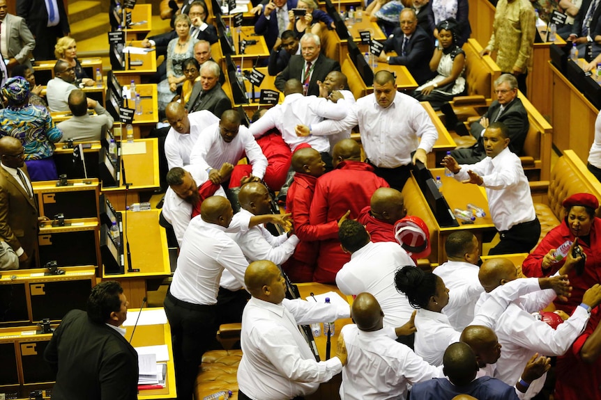 Group of people brawl inside a Parliament meeting in South Africa.