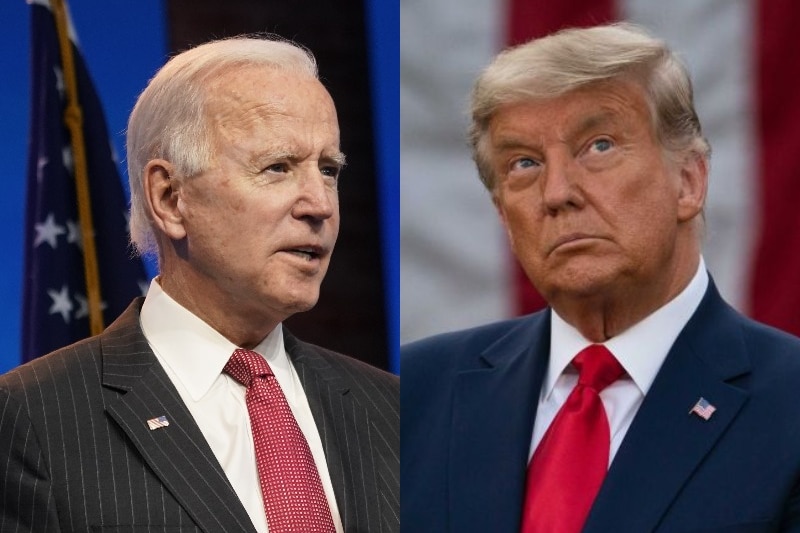 Left side shows Joe Biden looking to the right with furrowed eyebrows, right of Donald Trump rolling eyes.