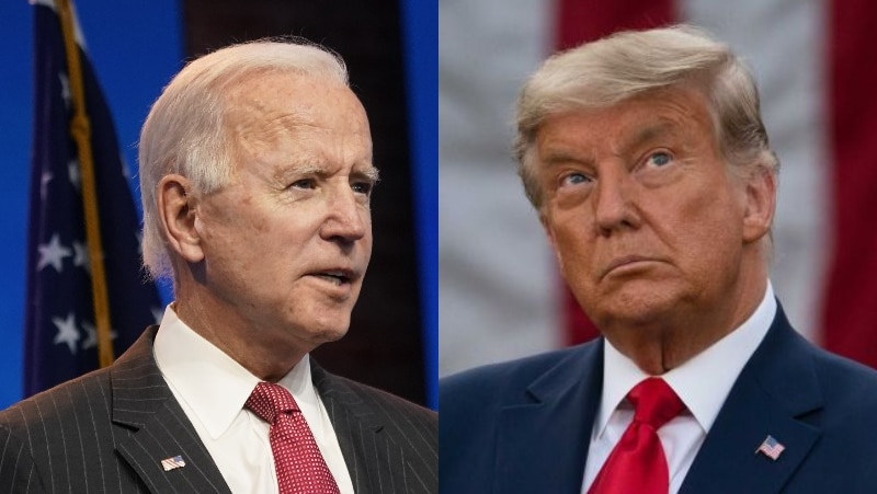 Left side shows Joe Biden looking to the right with furrowed eyebrows, right of Donald Trump rolling eyes.